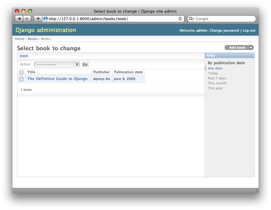 Screenshot of the book change list page after date_hierarchy.