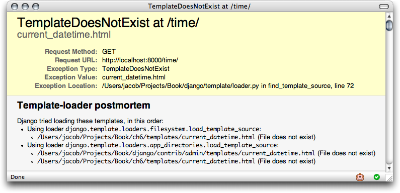 Screenshot of a "TemplateDoesNotExist" error.